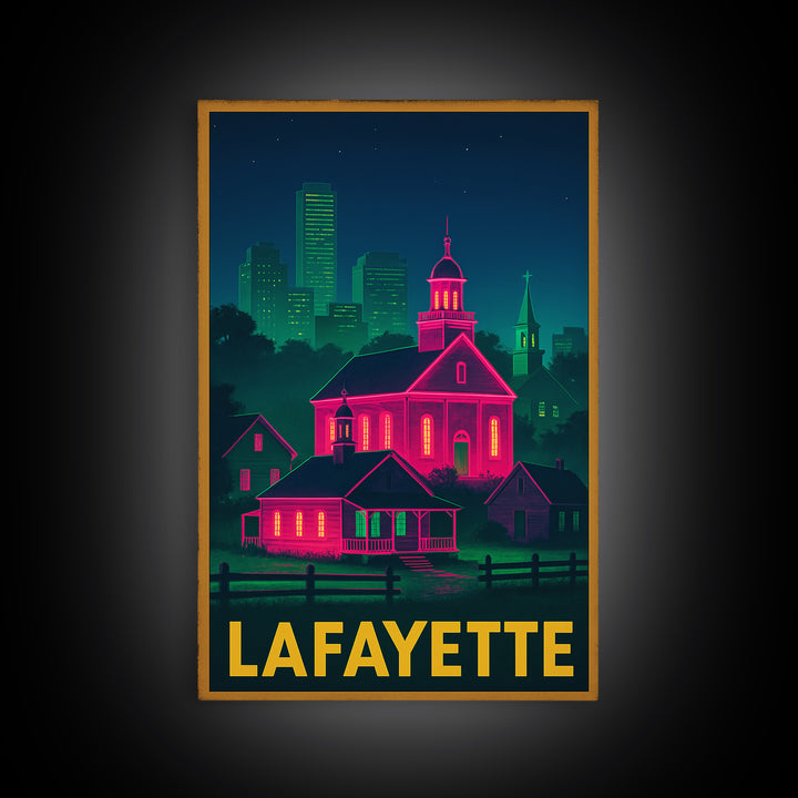 Lafayette Louisiana Travel Poster, Framed Canvas Print, Cyberpunk Style City Art, Lafayette Travel Art, Retro Travel Print, City Art Print