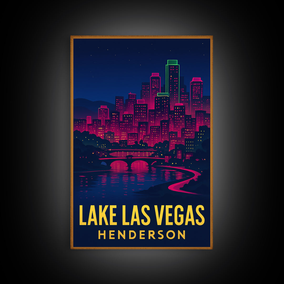 Lake Las Vegas Travel Poster, Framed Canvas Print, Neon Cityscape Wall Art, Lake Las Vegas Poster Print, Fine Art Print, Travel Wall Decor