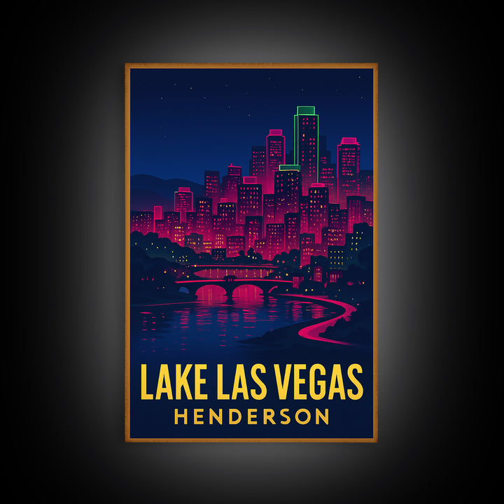 Lake Las Vegas Travel Poster, Framed Canvas Print, Neon Cityscape Wall Art, Lake Las Vegas Poster Print, Fine Art Print, Travel Wall Decor