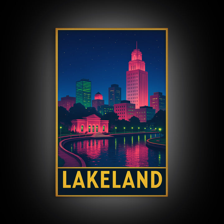 Lakeland Florida Travel Poster, Framed Canvas Print, Cyberpunk Style City Art, Lakeland Wall Art, Home Office Decor, Travel Poster Set