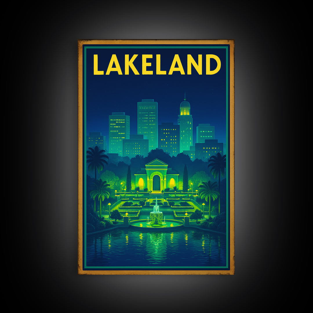 Lakeland Travel Poster, Framed Canvas Print, Electric Night Poster Art, Lakeland Travel Art, City Illustration, Living Room Wall Art
