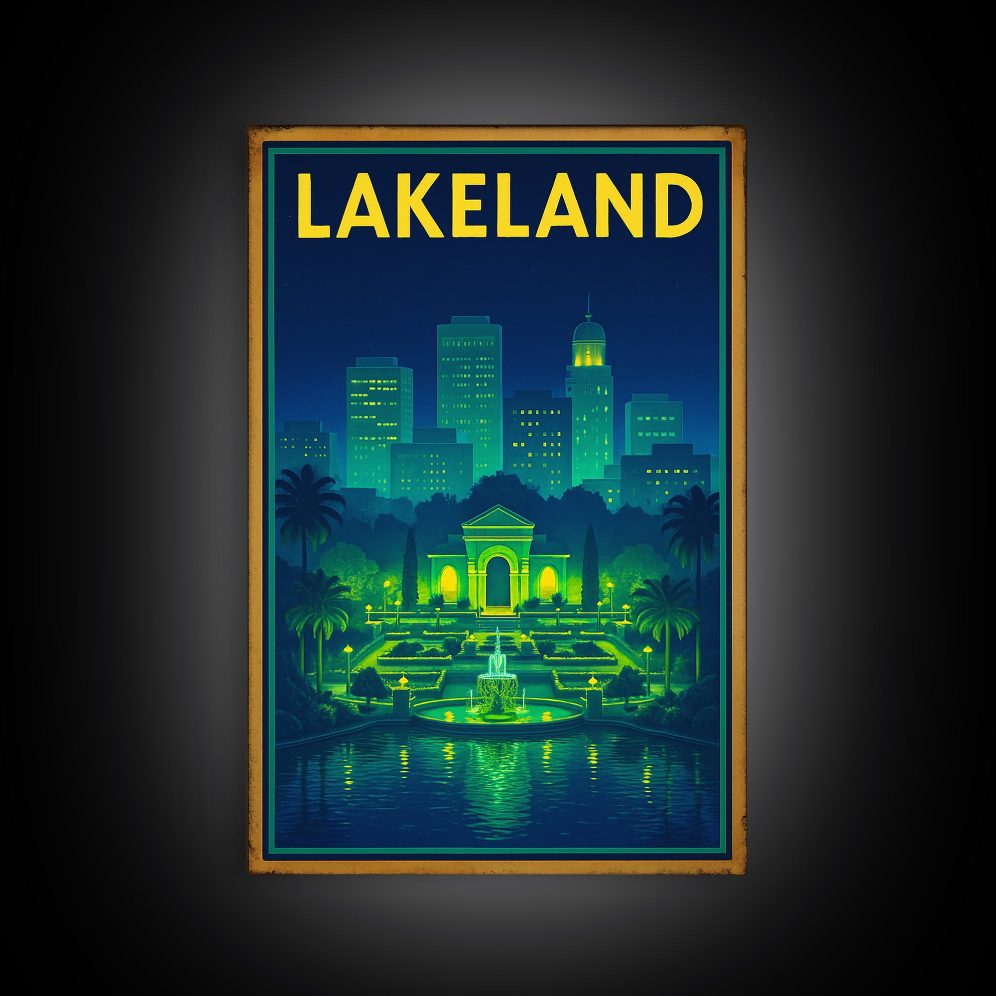 Lakeland Travel Poster, Framed Canvas Print, Electric Night Poster Art, Lakeland Travel Art, City Illustration, Living Room Wall Art