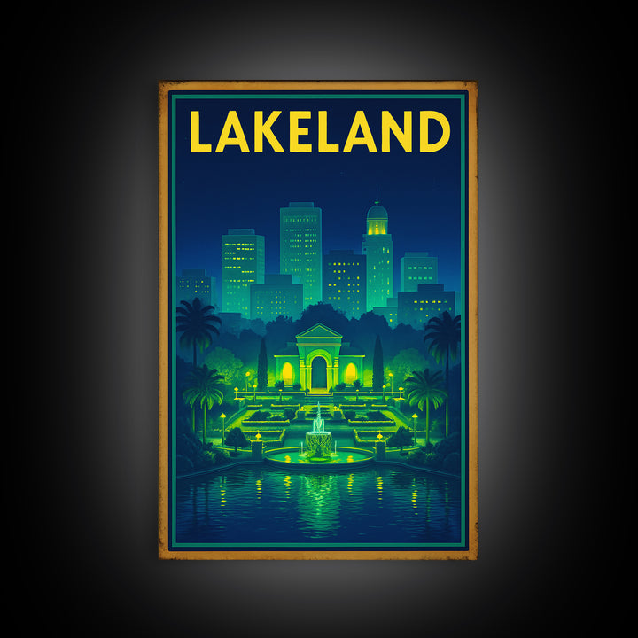 Lakeland Travel Poster, Framed Canvas Print, Electric Night Poster Art, Lakeland Travel Art, City Illustration, Living Room Wall Art