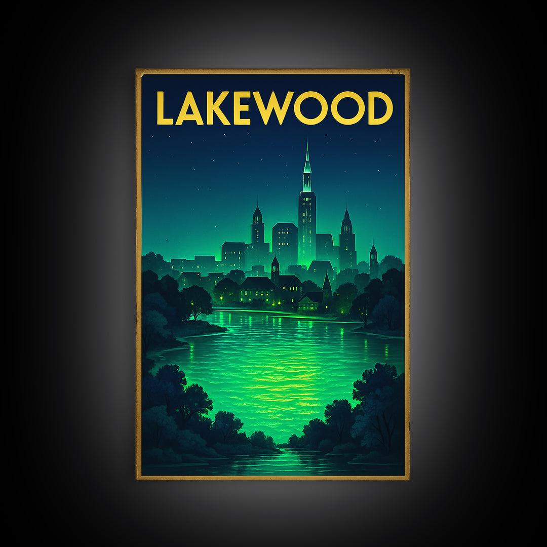 Lakewood Travel Poster, Framed Canvas Print, Neon Cityscape Wall Art, Lakewood Travel Art, City Travel Prints, Vintage Travel Print