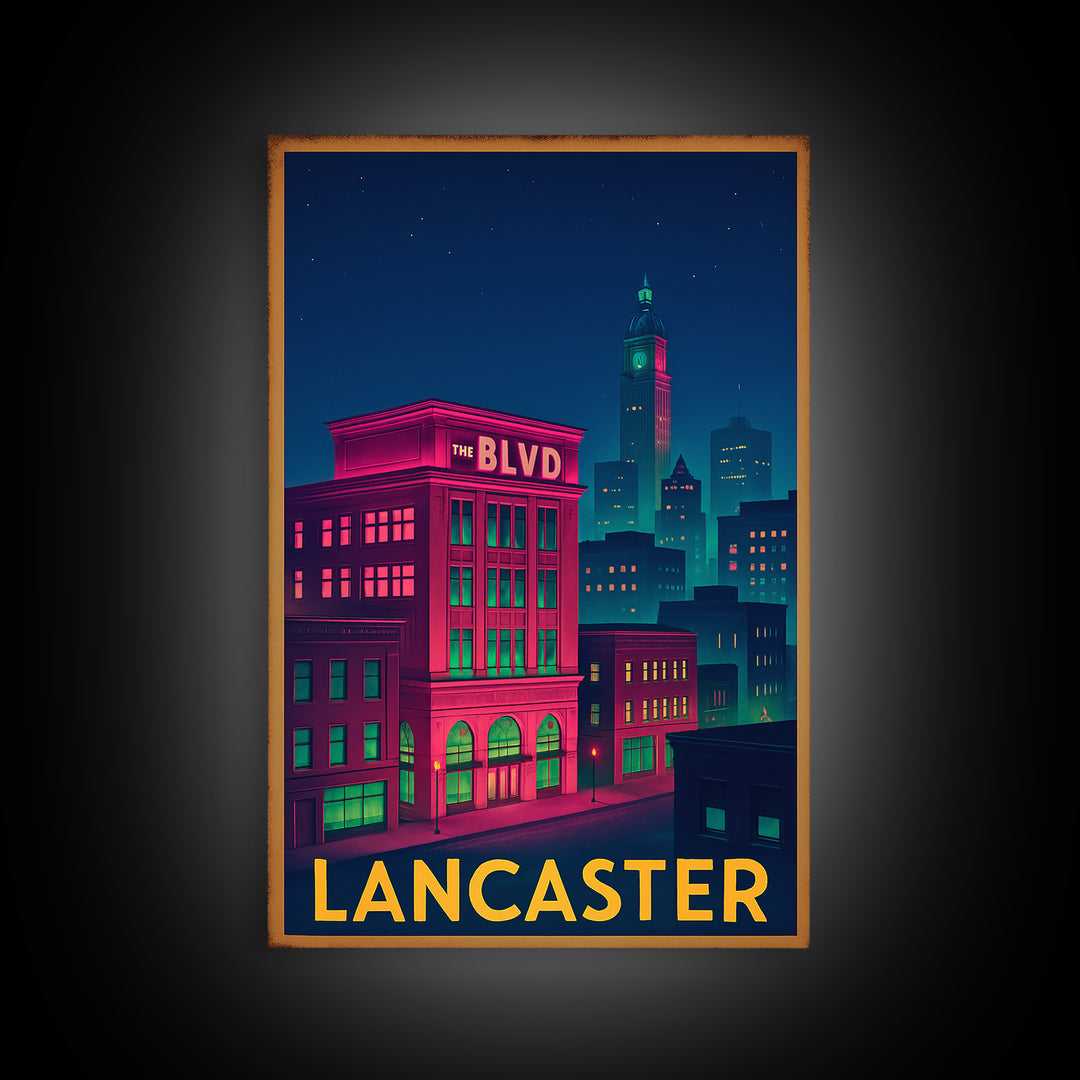 Lancaster California Travel Poster, Canvas Print, Retro Neon Travel Art, Lancaster Wall Art, Travel Art Print, Vintage City Art, Wall Art