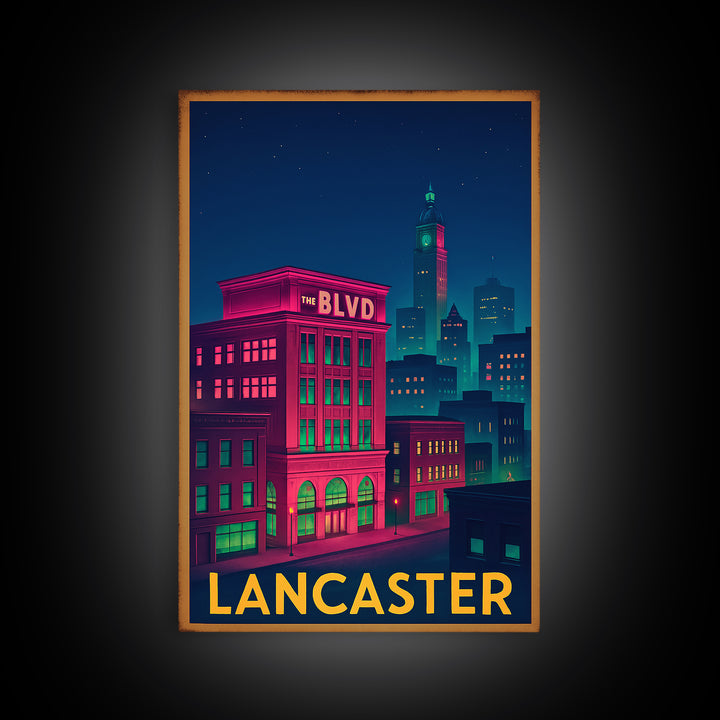 Lancaster California Travel Poster, Canvas Print, Retro Neon Travel Art, Lancaster Wall Art, Travel Art Print, Vintage City Art, Wall Art