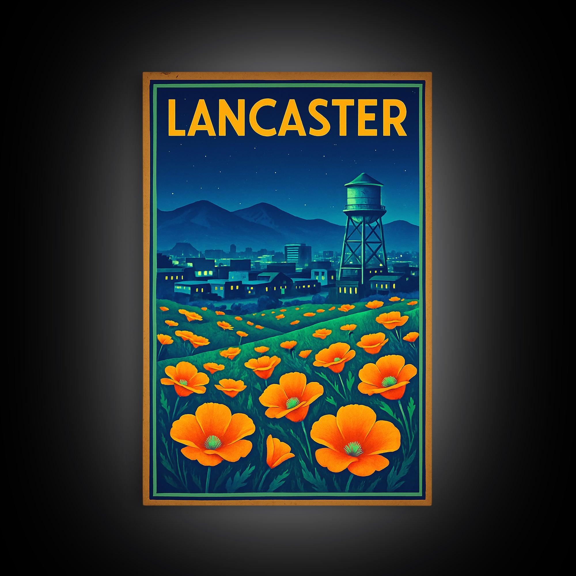 Lancaster Travel Poster, Framed Canvas Print, Electric Night Poster Art, Lancaster Art Print, Vintage City Poster, Travel Poster Set