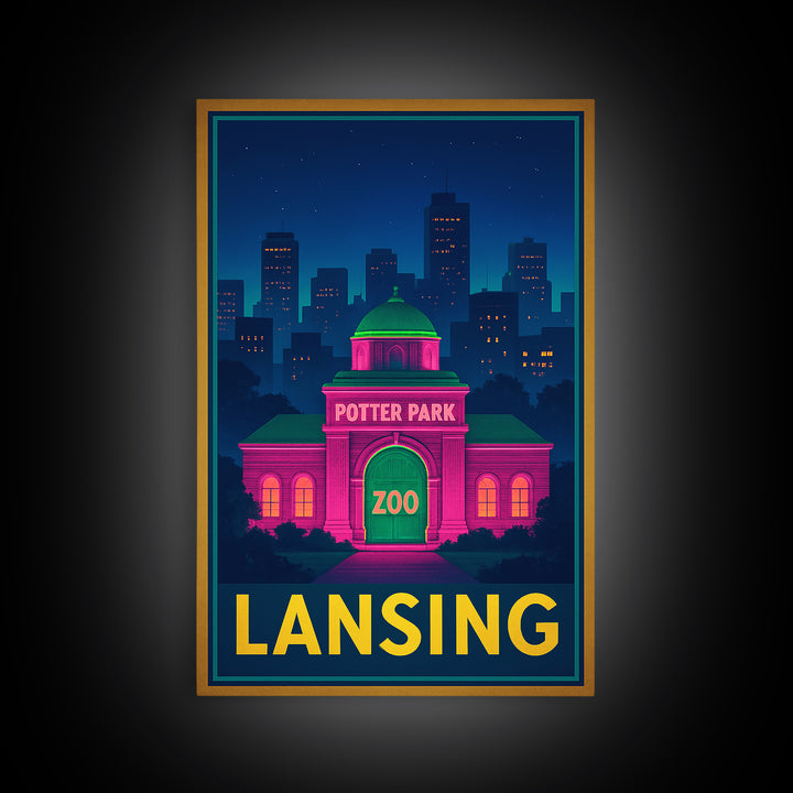 Lansing Michigan Travel Poster, Canvas Print, Neon Skyline Wall Art, Lansing Art Print, Wall Decor, Travel Poster Set, Wanderlust Decor