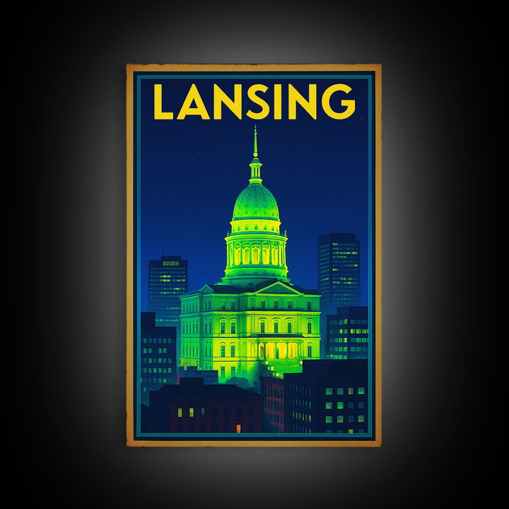 Lansing Travel Poster, Framed Canvas Print, Retro Neon Travel Art, Lansing City Art, City Illustration, Vintage Travel Print, Wall Art