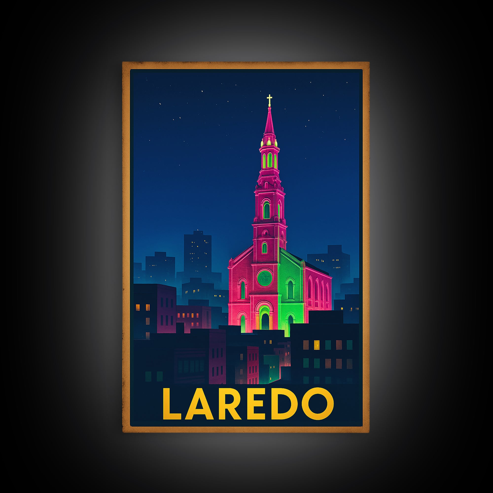 Laredo Texas Travel Poster, Framed Canvas Print, Electric Night Poster Art, Laredo Wall Art, Travel Poster Set, Watercolor Skyline