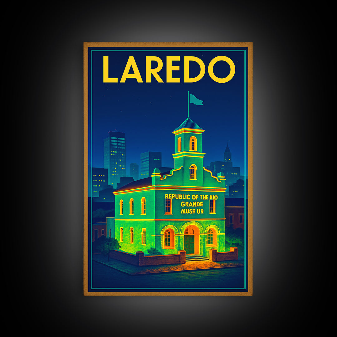 Laredo Travel Poster, Framed Canvas Print, Electric Night Poster Art, Laredo Poster Print, Modern Wall Decor, Retro Travel Print