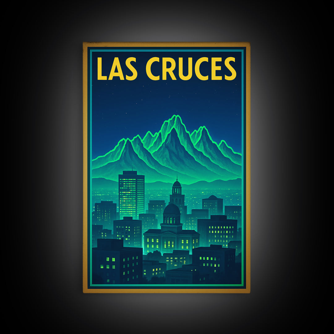 Las Cruces Travel Poster, Framed Canvas Print, Neon City Skyline Wall Art, Las Cruces Travel Art, Home Office Decor, Travel Wall Decor