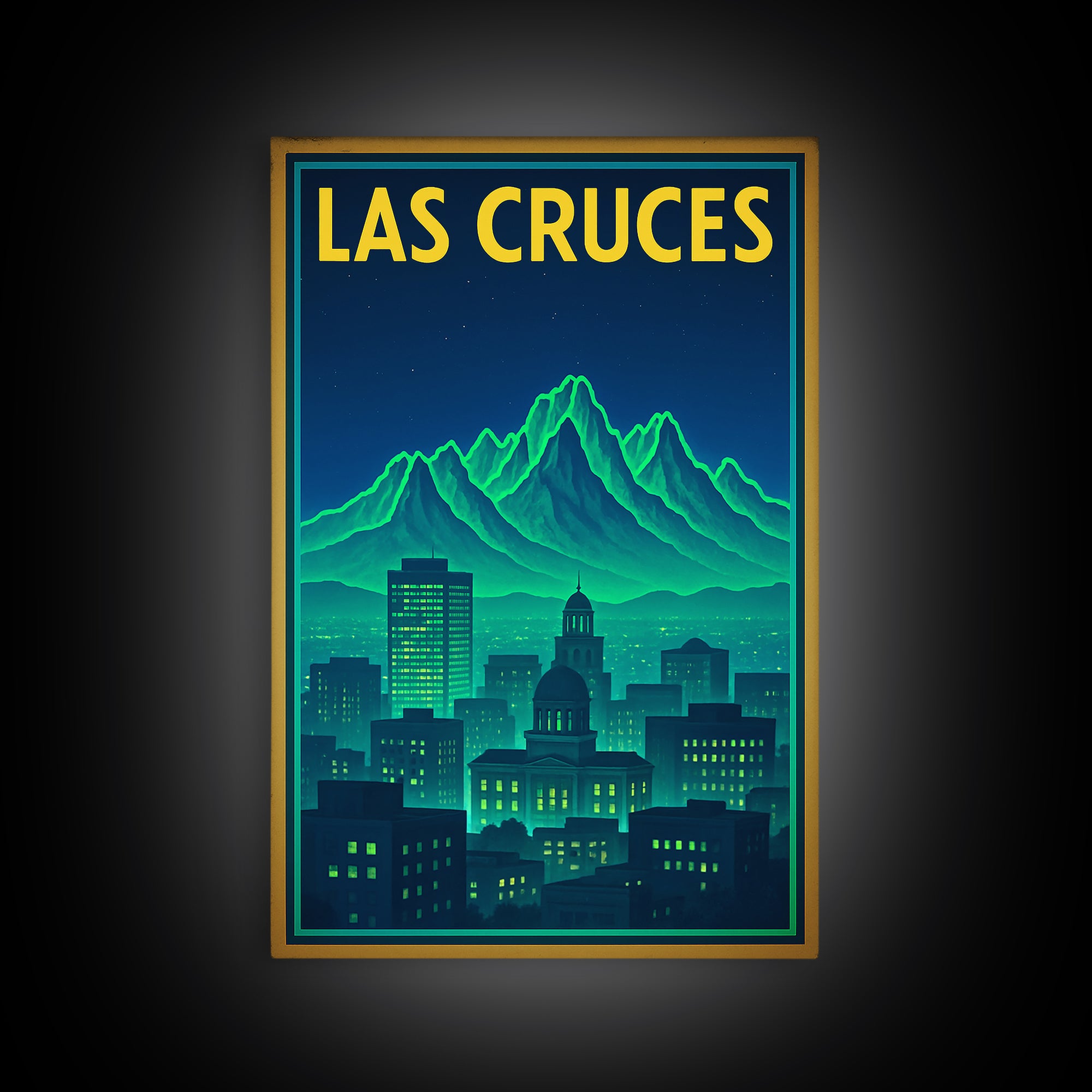 Las Cruces Travel Poster, Framed Canvas Print, Neon City Skyline Wall Art, Las Cruces Travel Art, Home Office Decor, Travel Wall Decor