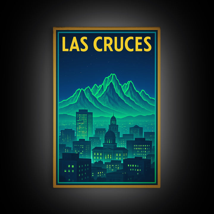Las Cruces Travel Poster, Framed Canvas Print, Neon City Skyline Wall Art, Las Cruces Travel Art, Home Office Decor, Travel Wall Decor