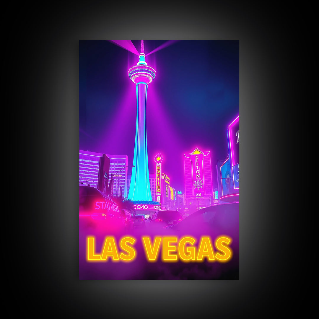 Las Vegas Nevada Travel Poster, Canvas Print, Cyberpunk Style City Art, Las Vegas Poster Print, Mid Century Wall Art, Watercolor Skyline