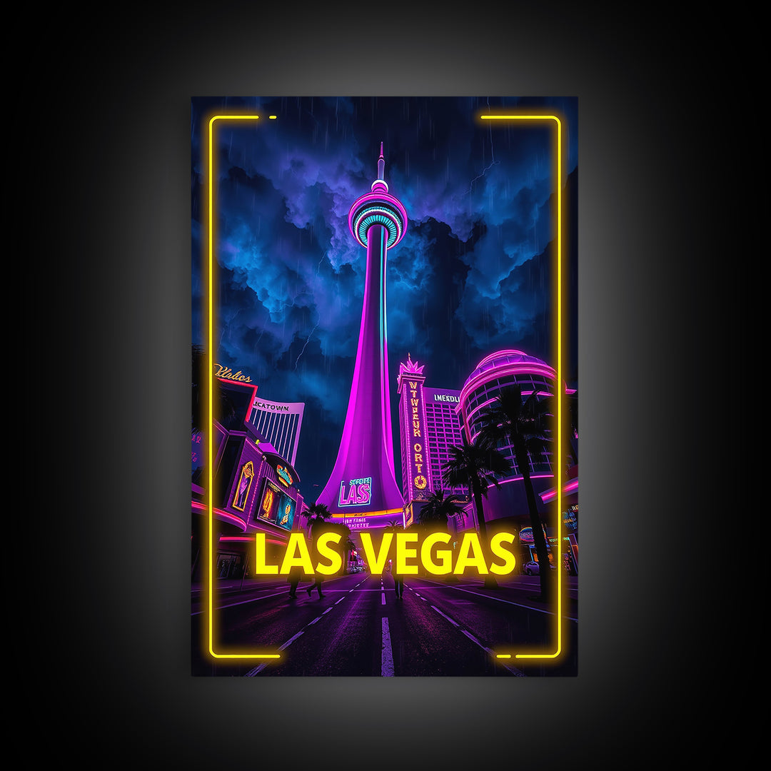 Las Vegas Travel Poster, Canvas Print, Neon City Skyline Wall Art, Las Vegas Art Print, City Illustration, Wanderlust Decor, Travel Wall Art