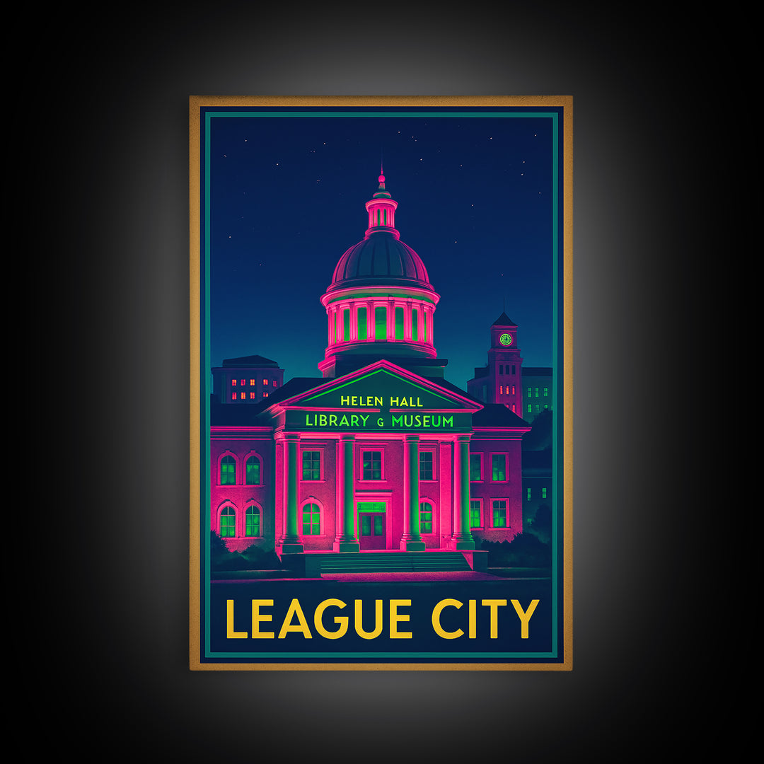 League City Texas Travel Poster, Canvas Print, Cyberpunk Style City Art, League City Art Print, Modern Wall Decor, Eclectic Wall Decor
