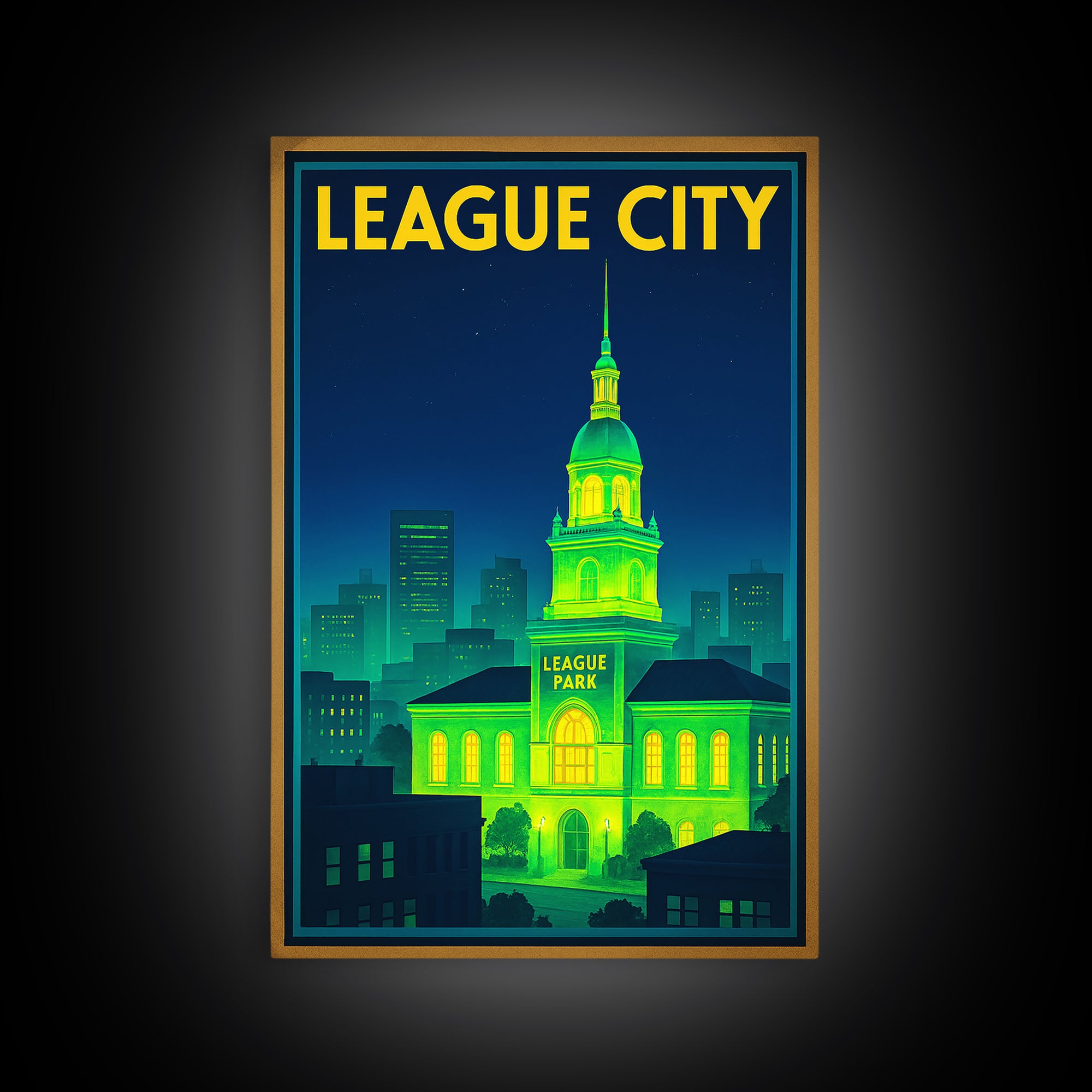 League City Travel Poster, Canvas Print, Electric Night Poster Art, League City Poster Print, Home Office Decor, Watercolor City Skyline