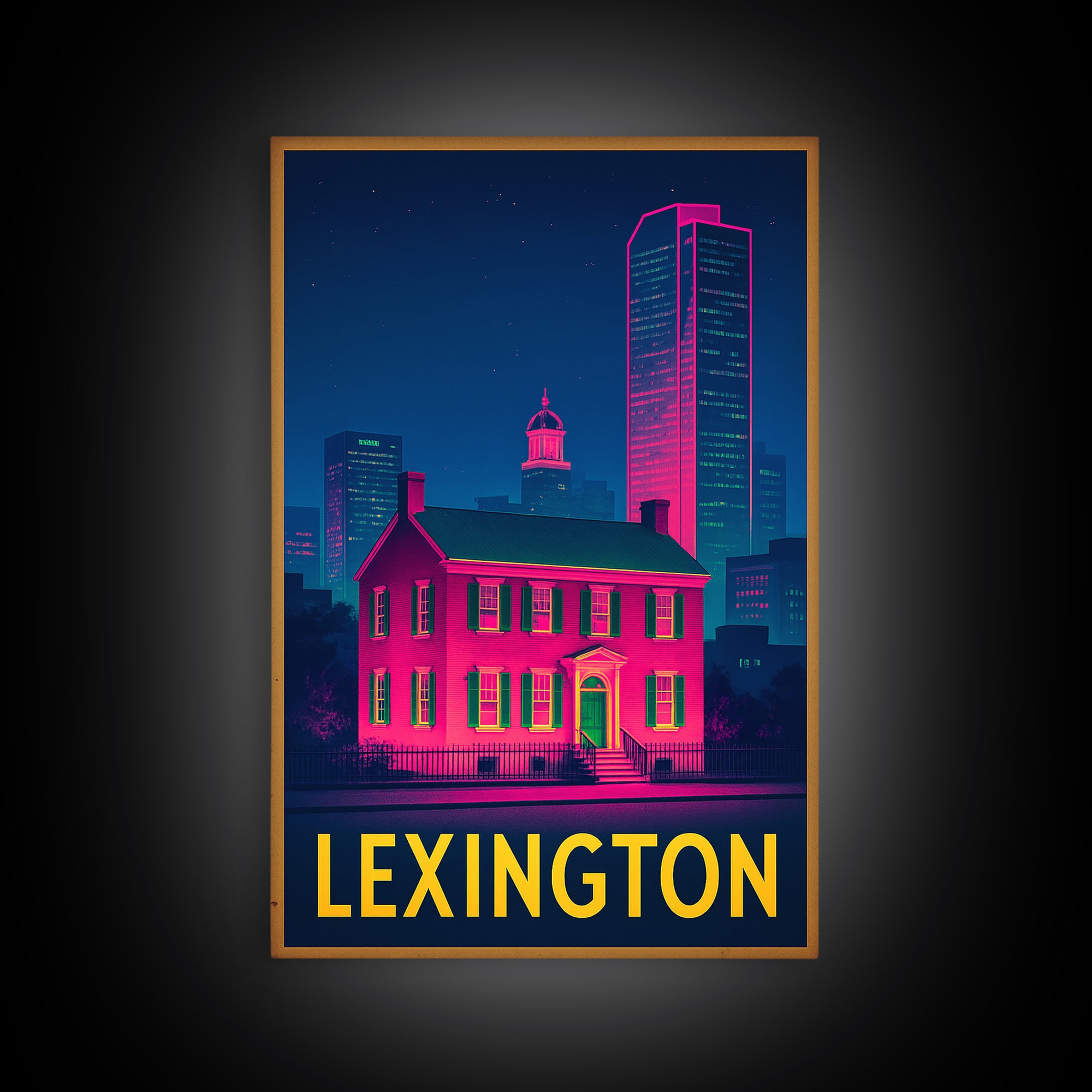 Lexington Kentucky Travel Poster, Framed Canvas Print, Electric Night Poster Art, Lexington Wall Art, Vintage City Art, Mid Century Wall Art