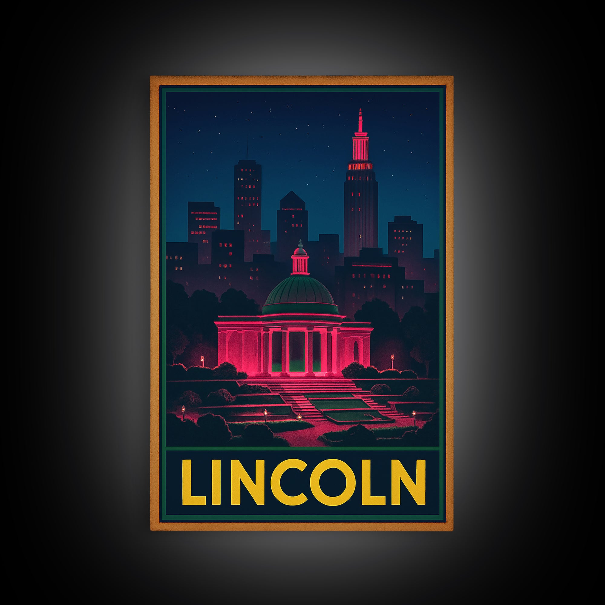 Lincoln Nebraska Travel Poster, Framed Canvas Print, Electric Night Poster Art, Lincoln Travel Art, Travel Art Print, Travel Poster Set