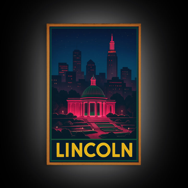 Lincoln Nebraska Travel Poster, Framed Canvas Print, Electric Night Poster Art, Lincoln Travel Art, Travel Art Print, Travel Poster Set
