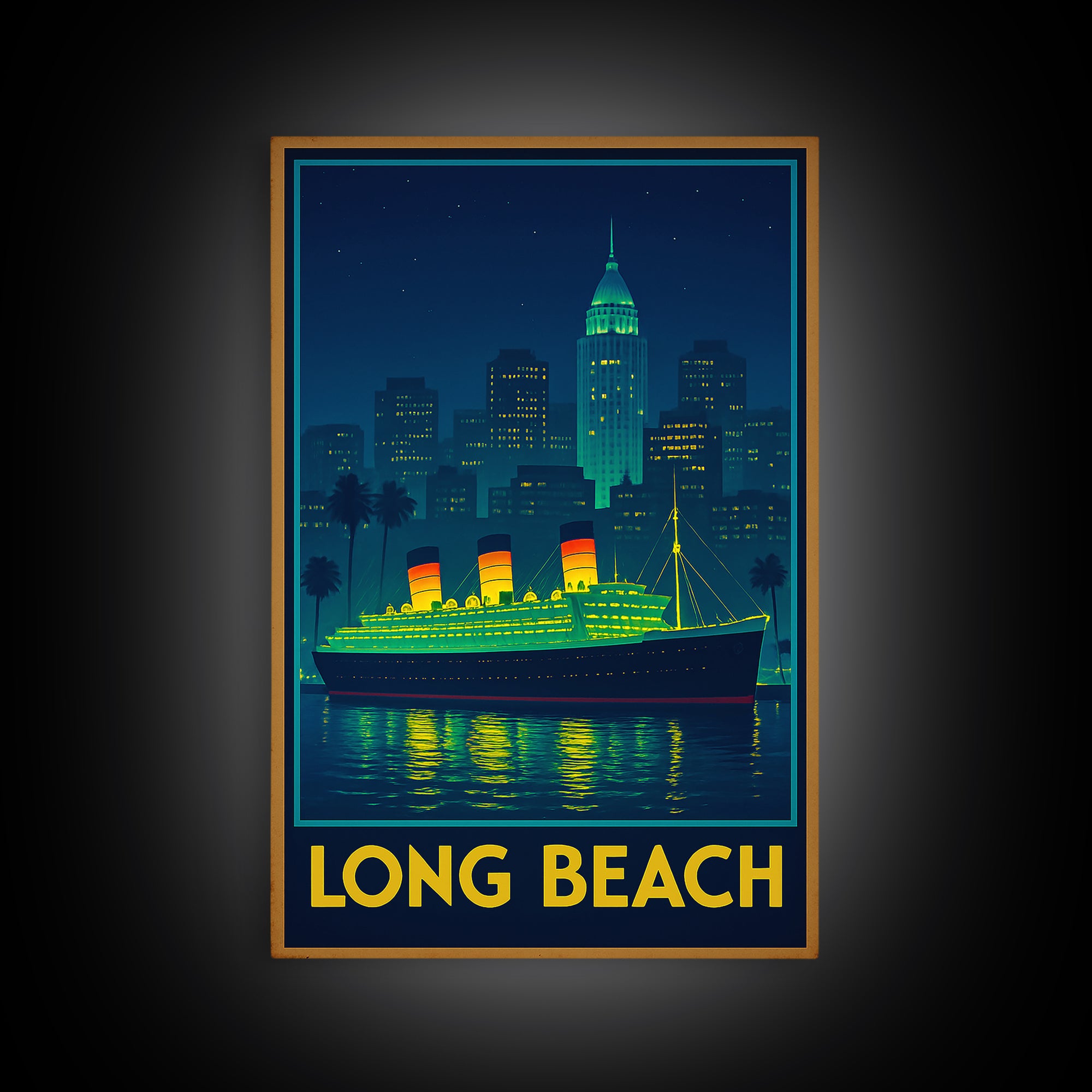 Long Beach California Travel Poster, Canvas Print, Retro Neon Travel Art, Long Beach City Art, Wall Art, City Art Print, Travel Wall Art