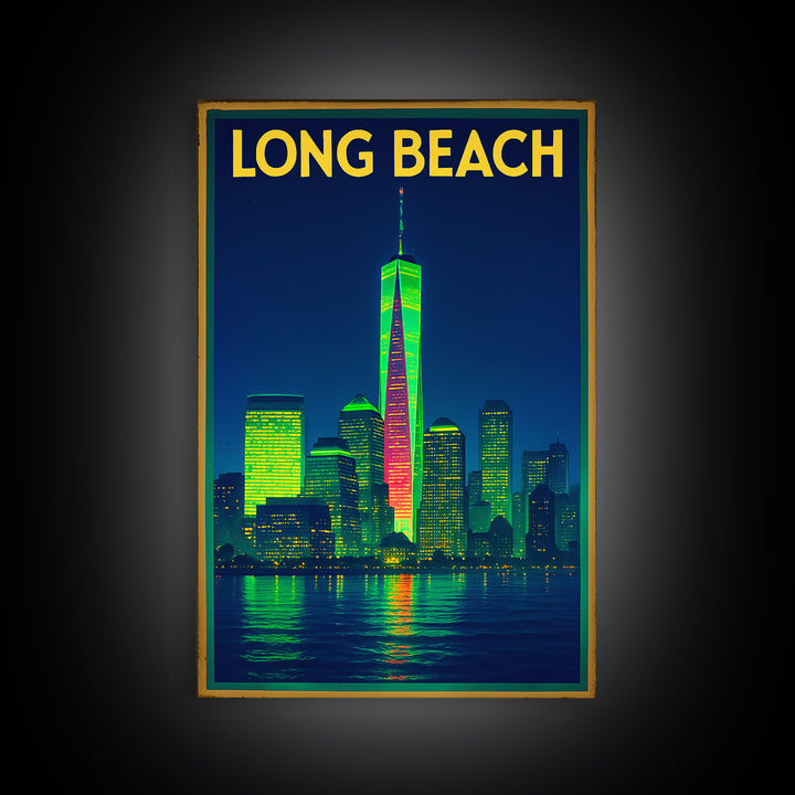 Long Beach Travel Poster, Framed Canvas Print, Retro Neon Travel Art, Long Beach Travel Art, Retro Travel Print, Eclectic Wall Decor