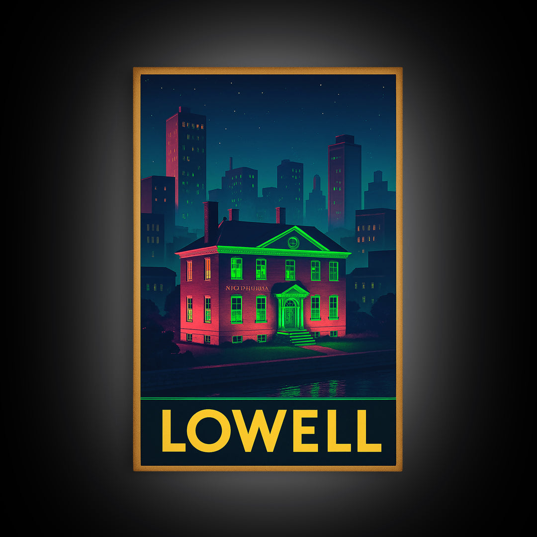 Lowell Massachusetts Travel Poster, Canvas Print, Retro Neon Travel Art, Lowell Travel Art, Wanderlust Decor, Wall Art, Retro Travel Print