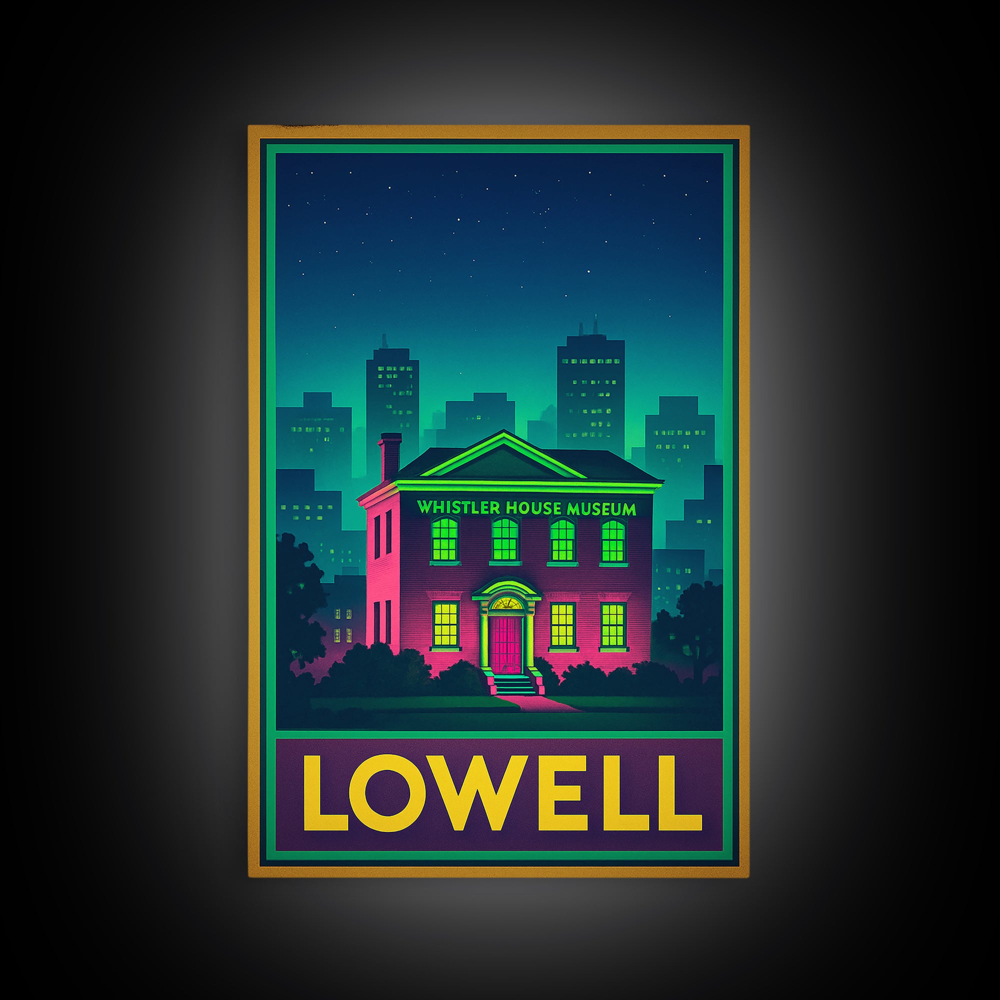 Lowell Travel Poster, Canvas Print, Retro Neon Travel Art, Lowell Travel Art, Travel Wall Decor, Travel Wall Art, Retro Travel Print