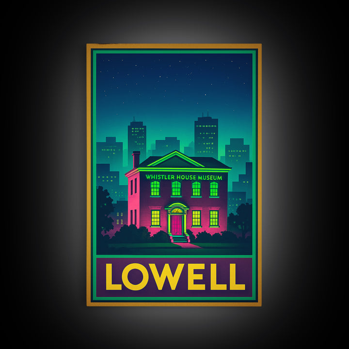 Lowell Travel Poster, Canvas Print, Retro Neon Travel Art, Lowell Travel Art, Travel Wall Decor, Travel Wall Art, Retro Travel Print