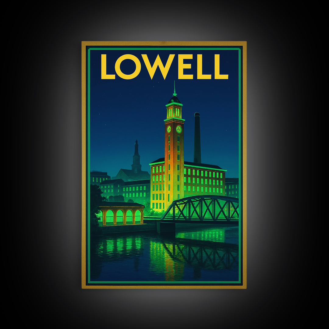 Lowell Travel Poster, Canvas Print, Neon Urban Skyline Wall Art, Lowell Wall Art, Watercolor Urban Skyline, Travel Art Print, Wall Decor