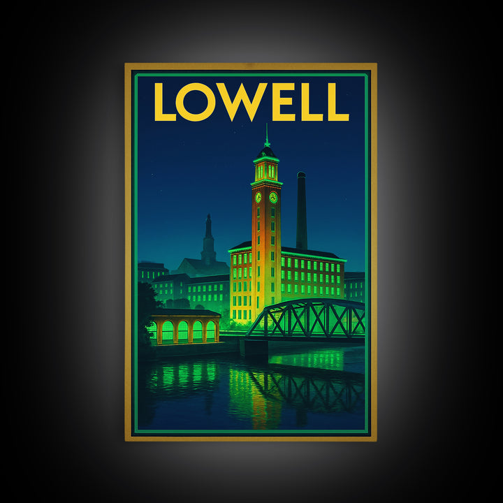 Lowell Travel Poster, Canvas Print, Neon Urban Skyline Wall Art, Lowell Wall Art, Watercolor Urban Skyline, Travel Art Print, Wall Decor