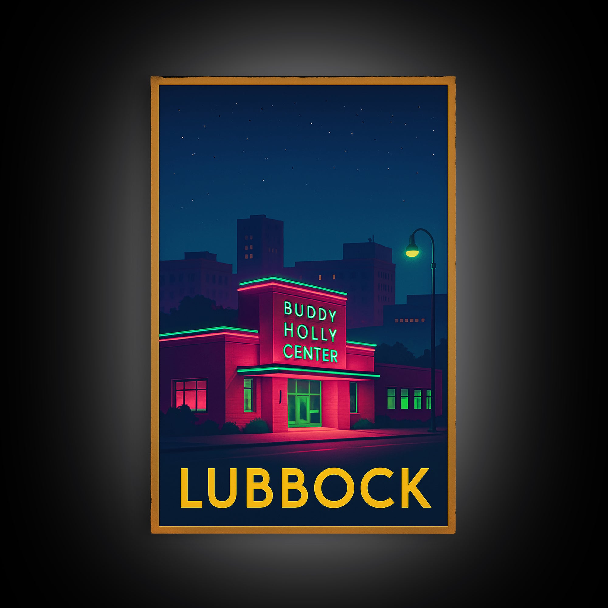Lubbock Texas Travel Poster, Canvas Print, Neon Skyline Art Wall Art, Lubbock Poster Print, Vintage Travel Print, Mid Century Wall Art