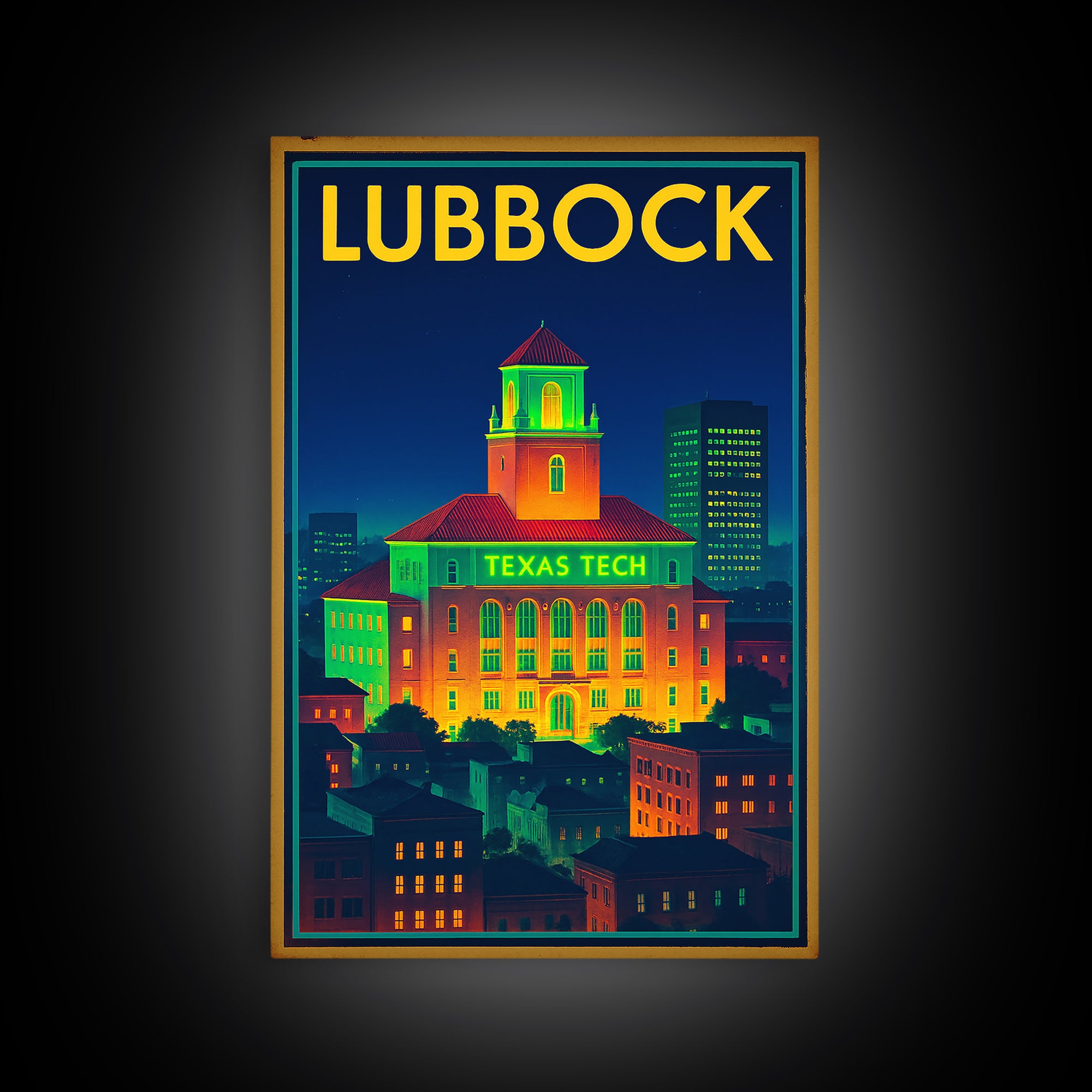 Lubbock Travel Poster, Canvas Print, Retro Neon Travel Art, Lubbock City Art, City Illustration, Wanderlust Decor, Retro Travel Print