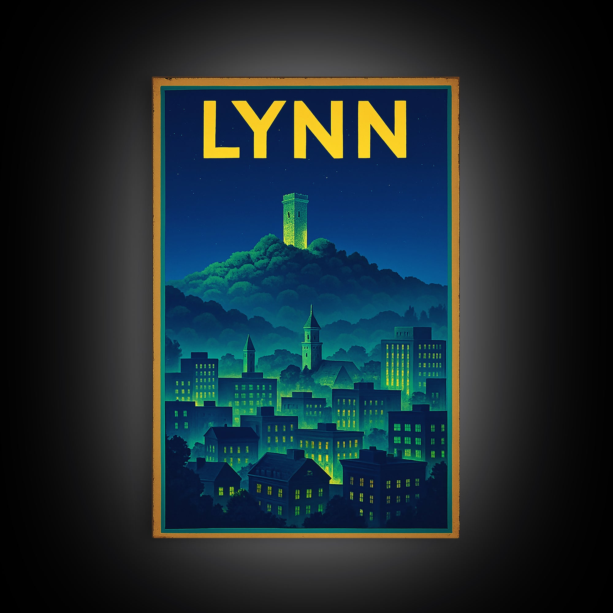Lynn Travel Poster, Framed Canvas Print, Retro Neon Travel Art, Lynn Art Print, Modern Wall Decor, Travel Wall Art, Gift For Travelers