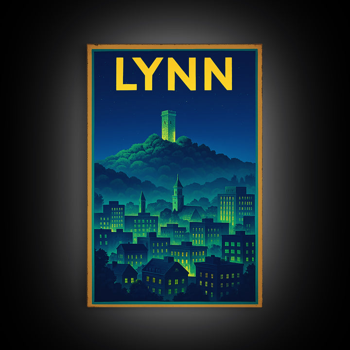 Lynn Travel Poster, Framed Canvas Print, Retro Neon Travel Art, Lynn Art Print, Modern Wall Decor, Travel Wall Art, Gift For Travelers