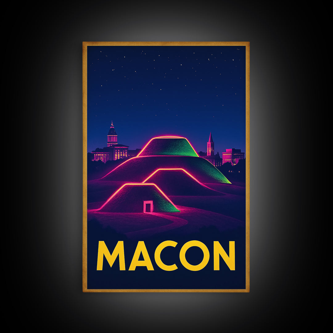 Macon Georgia Travel Poster, Canvas Print, Retro Neon Travel Art, Macon Art Print, Eclectic Wall Decor, Wanderlust Decor, Home Office Decor