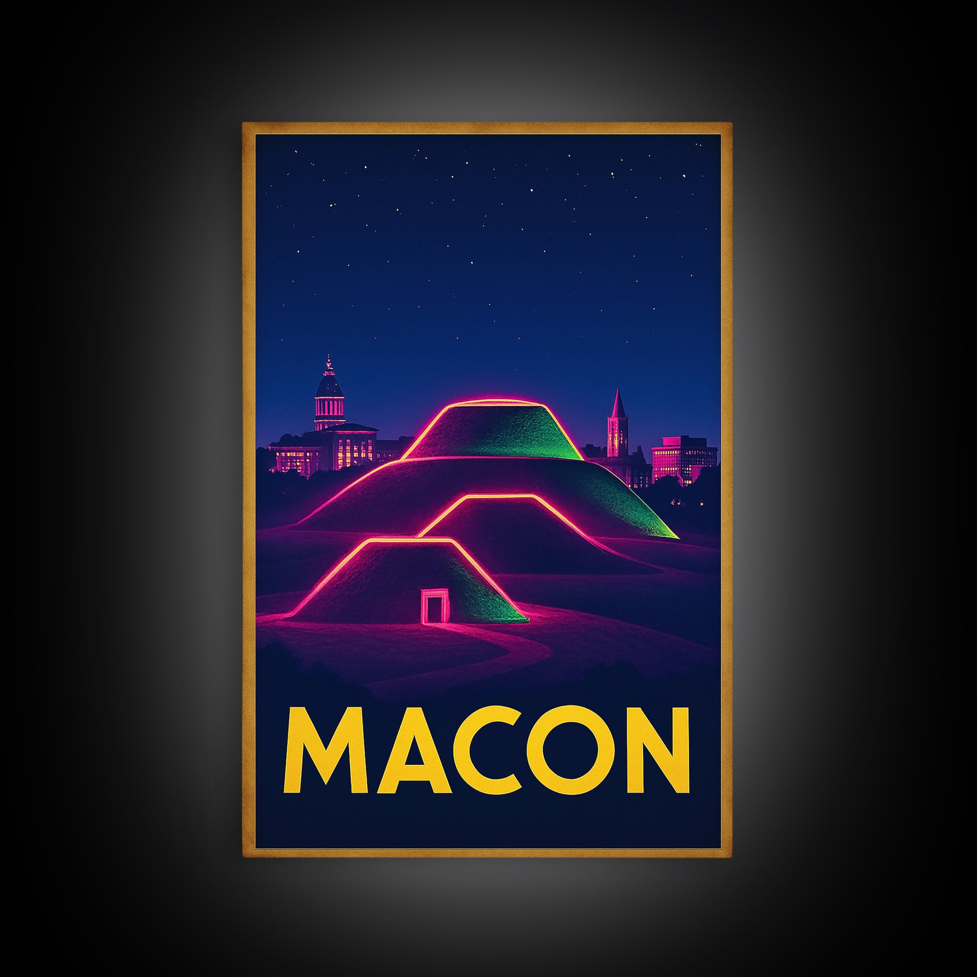 Macon Georgia Travel Poster, Canvas Print, Retro Neon Travel Art, Macon Art Print, Eclectic Wall Decor, Wanderlust Decor, Home Office Decor