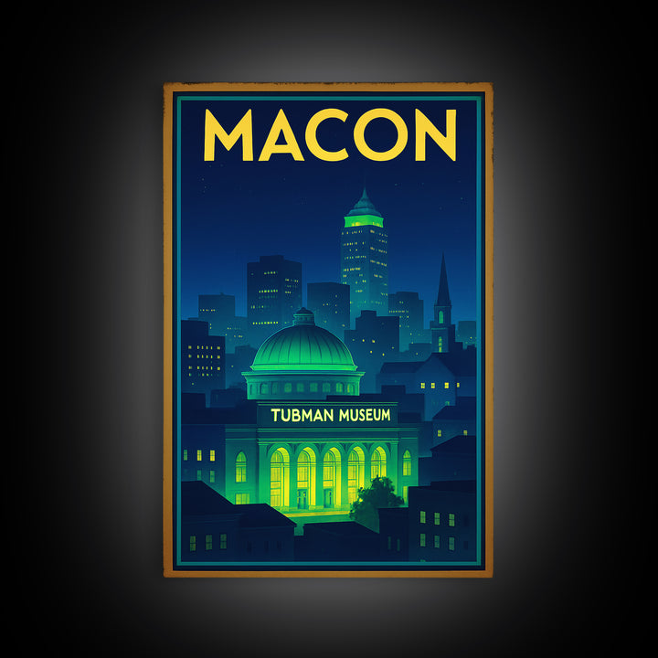 Macon Travel Poster, Framed Canvas Print, Retro Neon Travel Art, Macon Poster Print, Travel Art Print, Retro Travel Print, Travel Decor