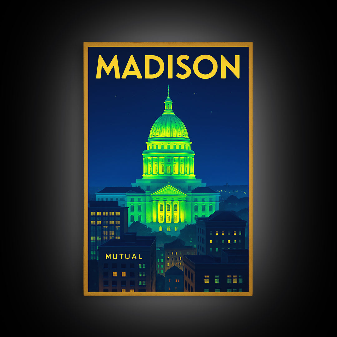 Madison Travel Poster, Framed Canvas Print, Electric Night Poster Art, Madison City Art, Travel Wall Art, Travel Wall Decor, Travel Print