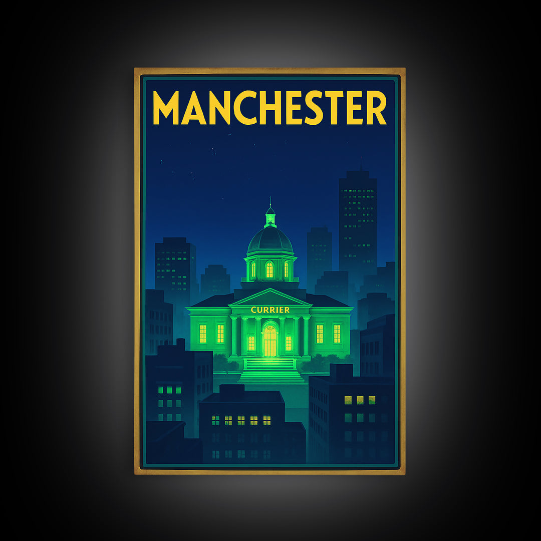 Manchester Travel Poster, Canvas Print, Neon Cityscape Wall Art, Manchester Art Print, Eclectic Wall Decor, Home Office Decor, Design 2