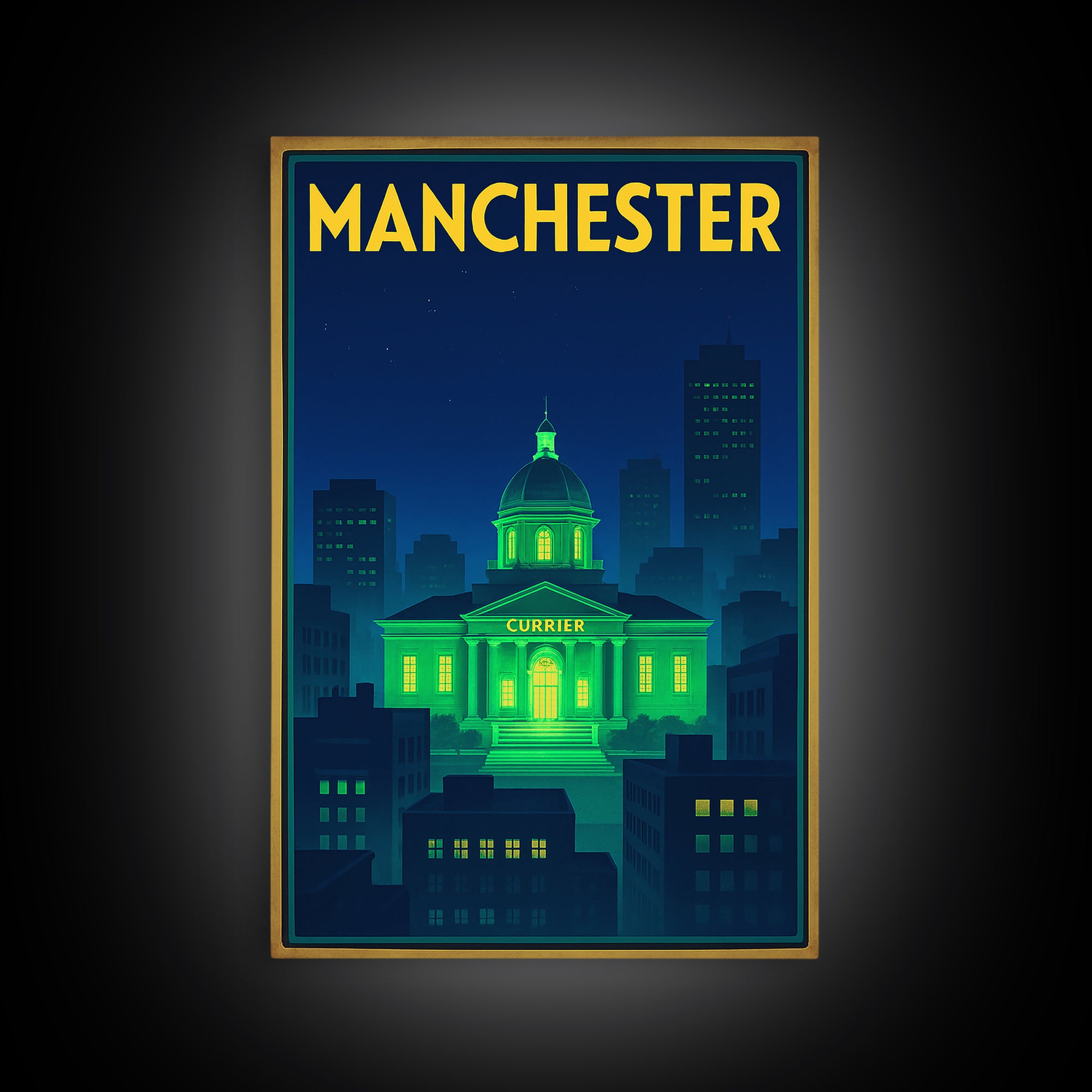 Manchester Travel Poster, Canvas Print, Neon Cityscape Wall Art, Manchester Art Print, Eclectic Wall Decor, Home Office Decor, Design 2