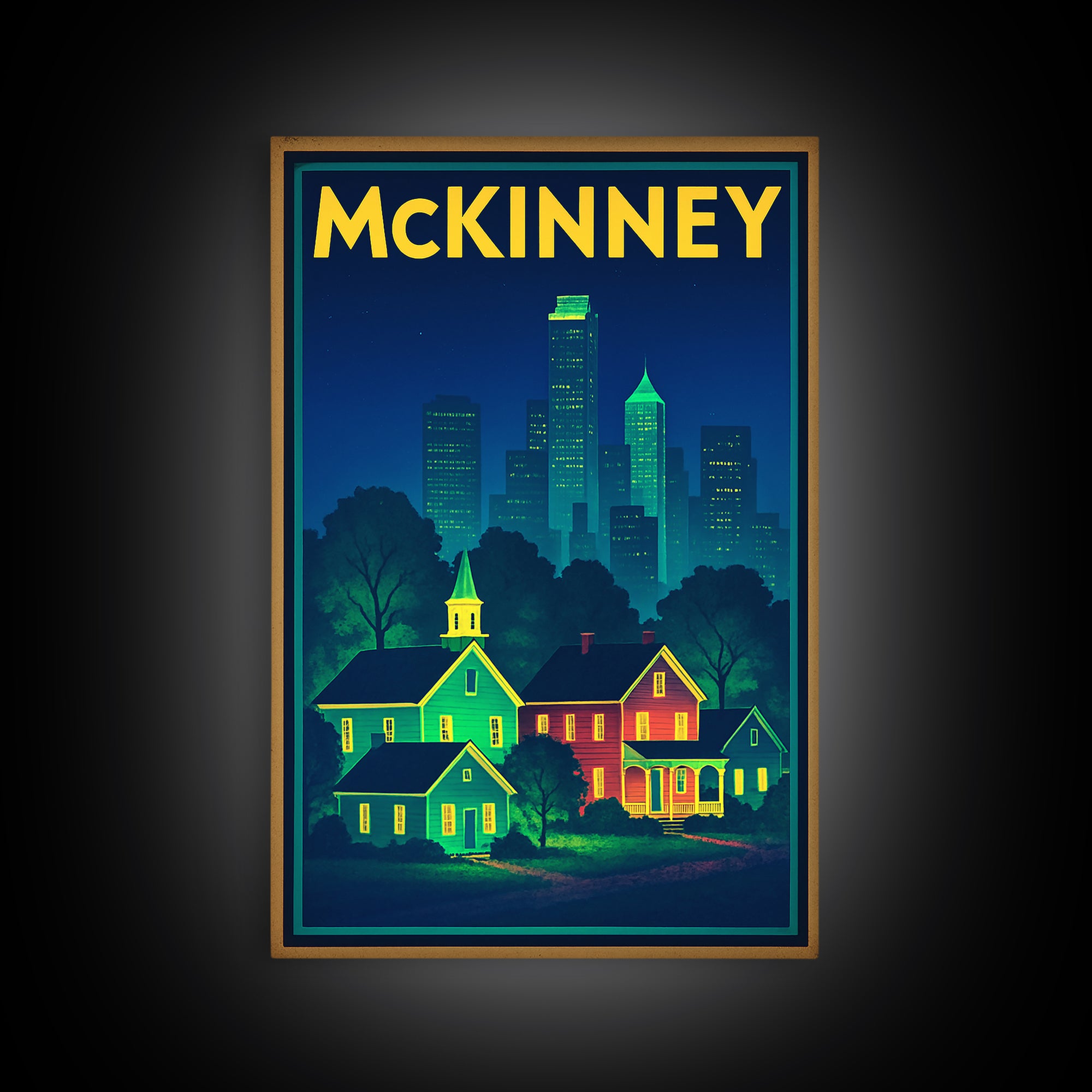 Mckinney Travel Poster, Framed Canvas Print, Retro Neon Travel Art, Mckinney Poster Print, Gift For Travelers, Fine Art Print, Design 2