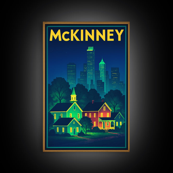 Mckinney Travel Poster, Framed Canvas Print, Retro Neon Travel Art, Mckinney Poster Print, Gift For Travelers, Fine Art Print, Design 2
