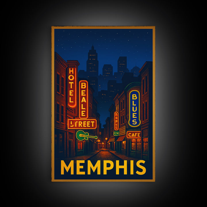 Memphis Tennessee Travel Poster, Canvas Print, Neon Urban Skyline Wall Art, Memphis Travel Art, Wall Decor, Wanderlust Decor