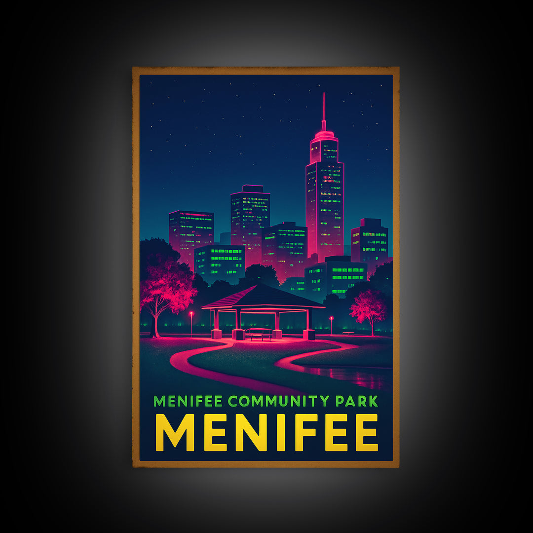 Menifee California Travel Poster, Canvas Print, Electric Night Poster Art, Menifee Travel Art, Watercolor City Skyline, City Art Print