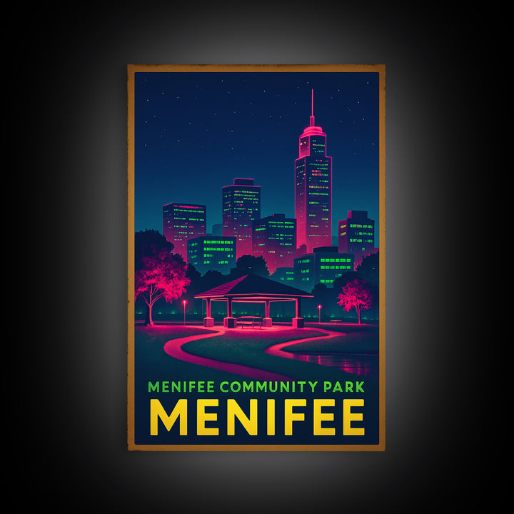 Menifee California Travel Poster, Canvas Print, Electric Night Poster Art, Menifee Travel Art, Watercolor City Skyline, City Art Print