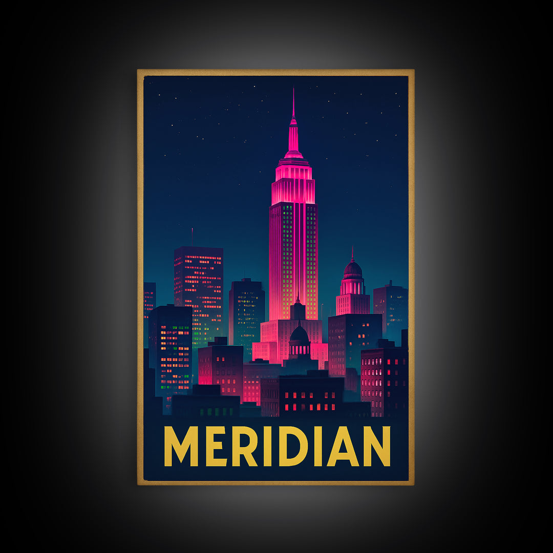 Meridian Idaho Travel Poster, Framed Canvas Print, Electric Night Poster Art, Meridian Wall Art, Travel Poster Art, Mid Century Wall Art