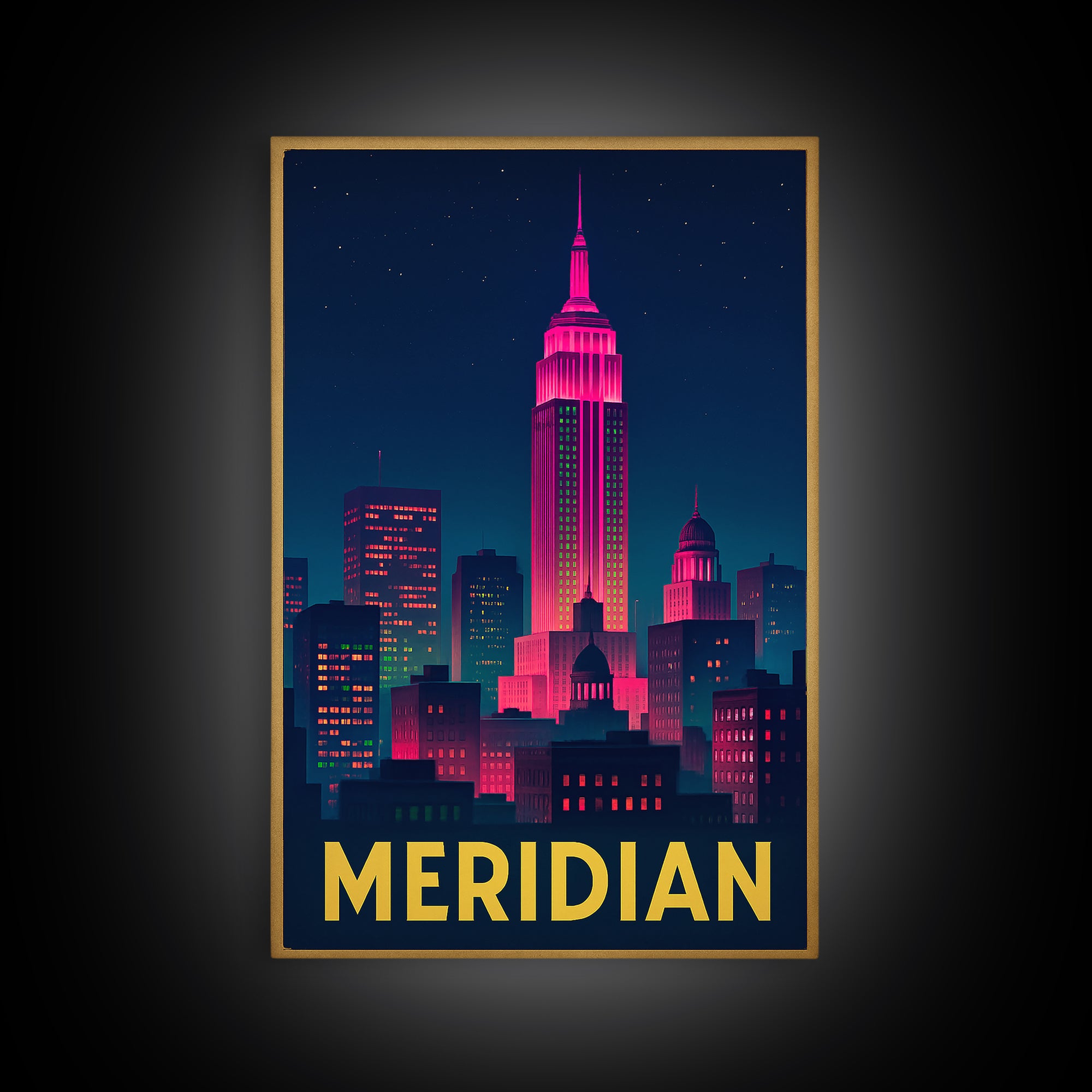 Meridian Idaho Travel Poster, Framed Canvas Print, Electric Night Poster Art, Meridian Wall Art, Travel Poster Art, Mid Century Wall Art