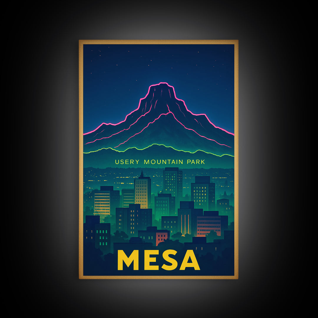 Mesa Arizona Travel Poster, Canvas Print, Neon Skyline Wall Art, Mesa Poster Print, Travel Art Print, Living Room Wall Art, City Poster